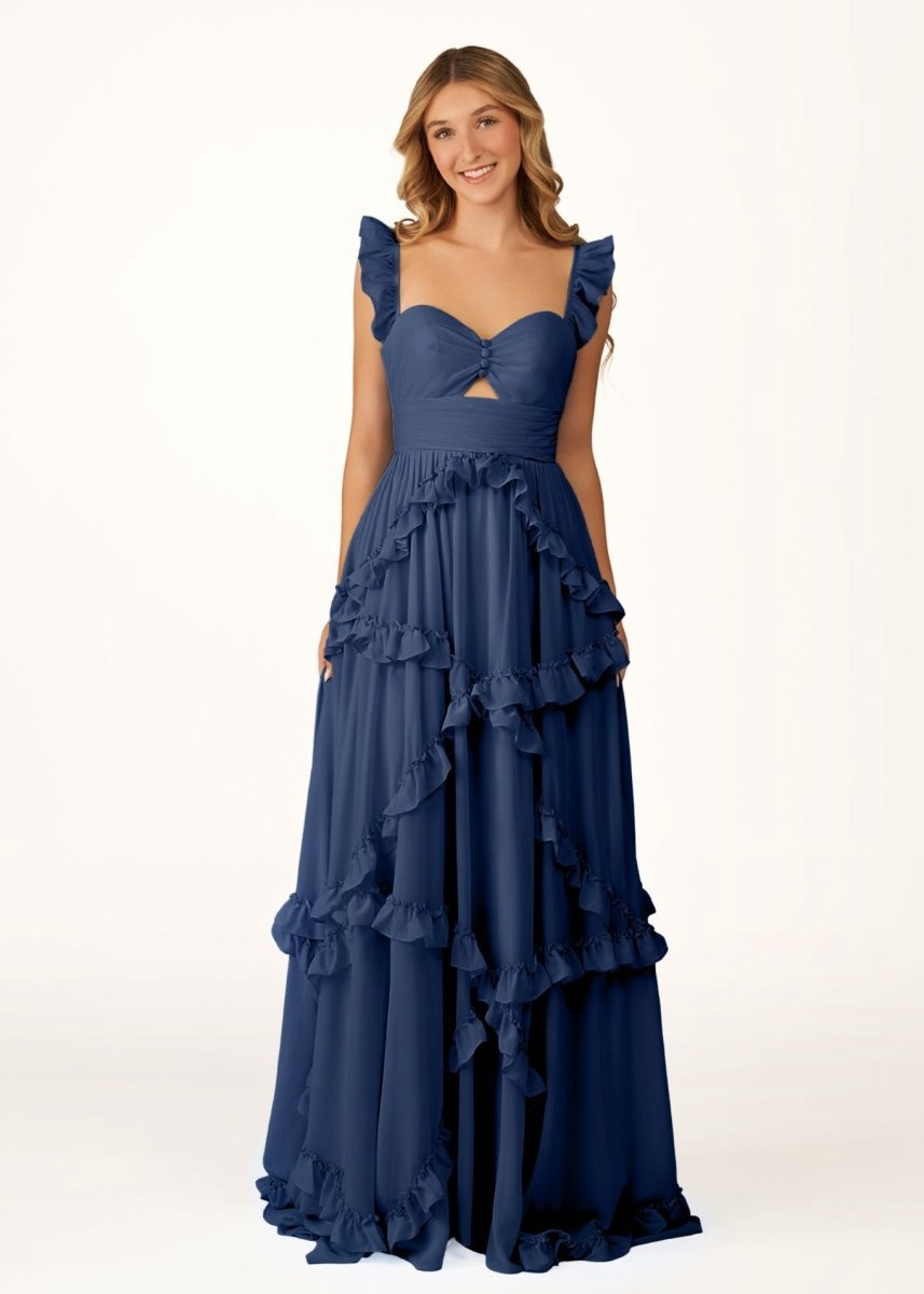 A-line Straps Chiffon Ruffles Long Prom Dresses