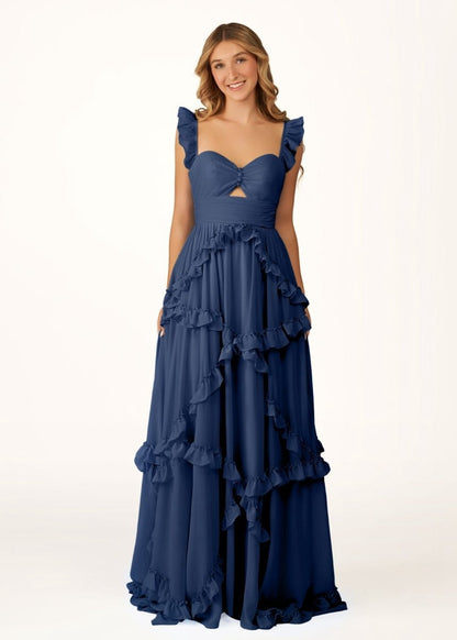 A-line Straps Chiffon Ruffles Long Prom Dresses