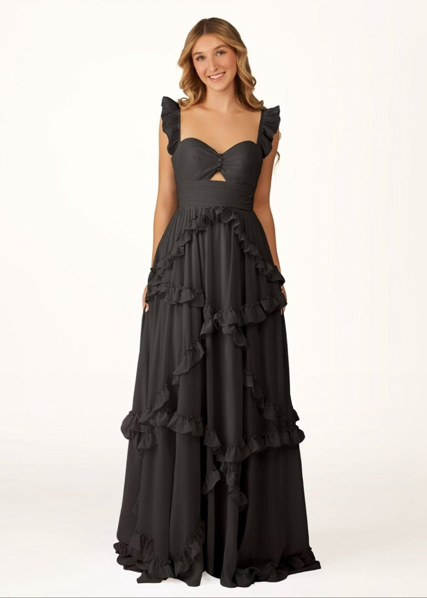 A-line Straps Chiffon Ruffles Long Prom Dresses