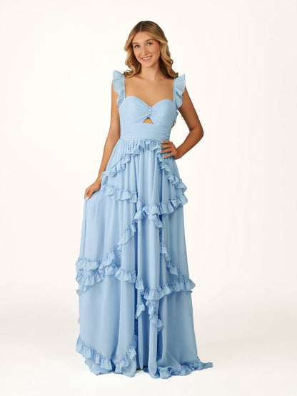 A-line Straps Chiffon Ruffles Long Prom Dresses