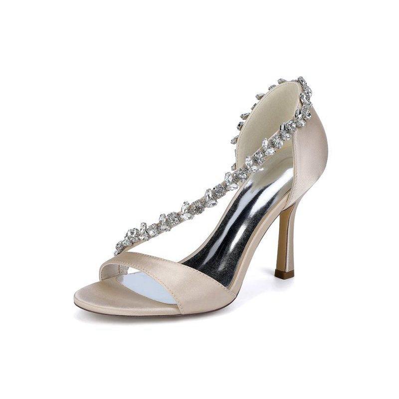 Satin High Heels with Crystal and Chain Embellishments