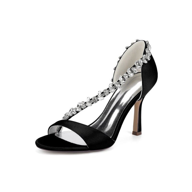 Satin High Heels with Crystal and Chain Embellishments