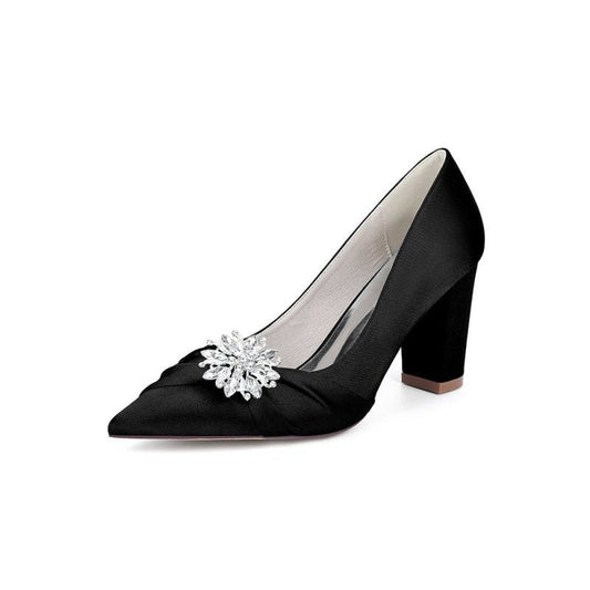 Satin High Heels with a Crystal Flower Accent