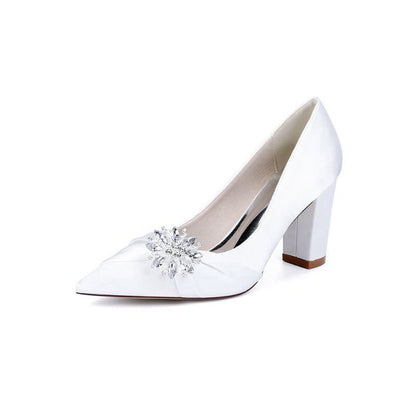 Satin High Heels with a Crystal Flower Accent