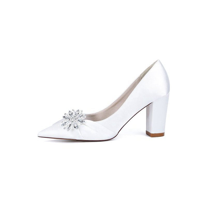 Satin High Heels with a Crystal Flower Accent