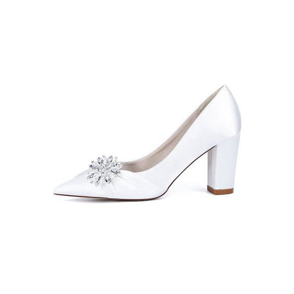 Satin High Heels with a Crystal Flower Accent