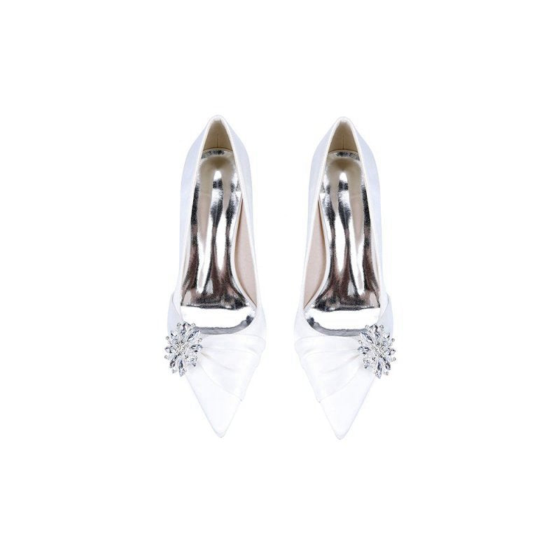 Satin High Heels with a Crystal Flower Accent