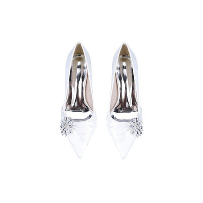 Satin High Heels with a Crystal Flower Accent