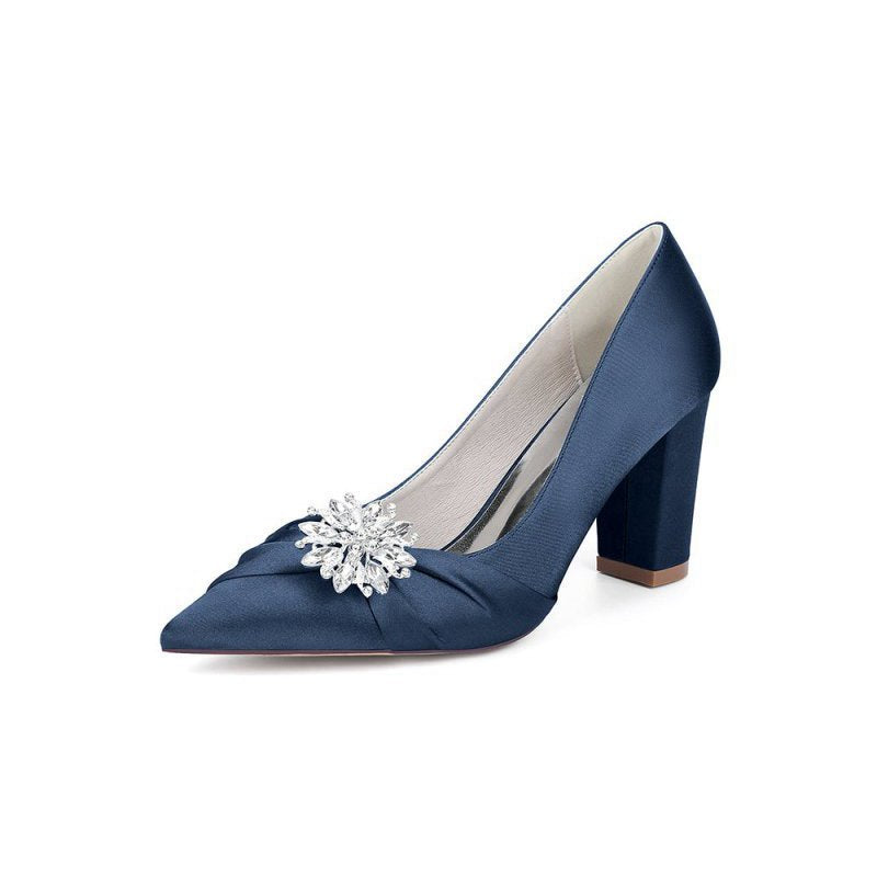Satin High Heels with a Crystal Flower Accent