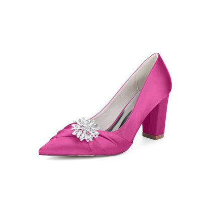 Satin High Heels with a Crystal Flower Accent