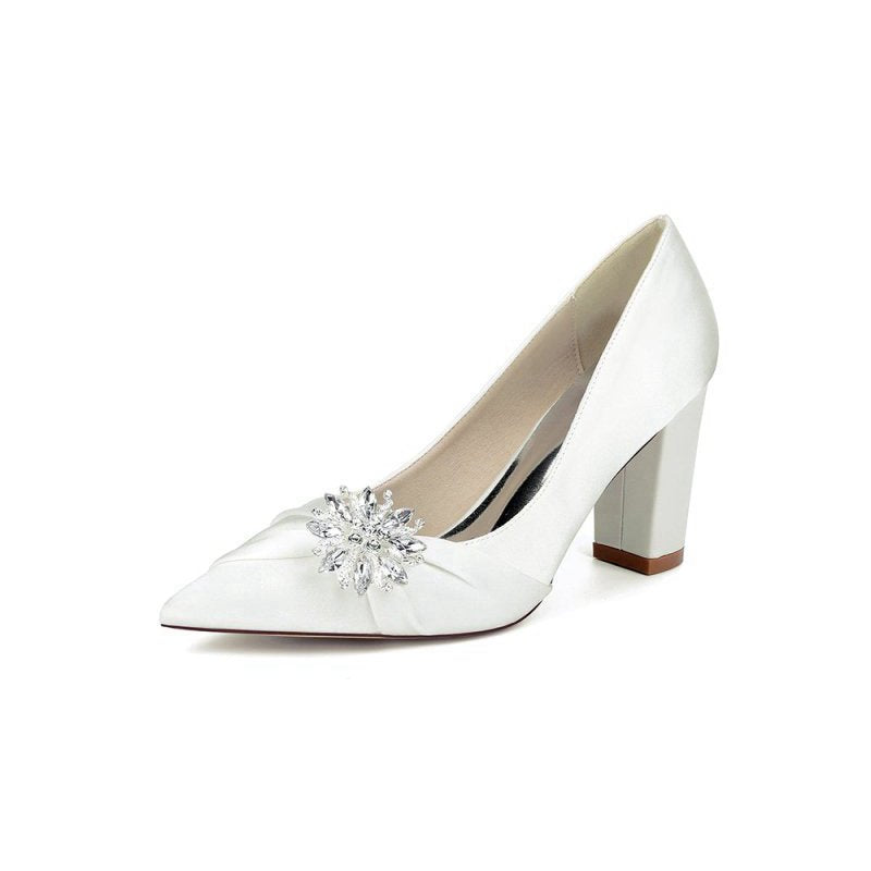 Satin High Heels with a Crystal Flower Accent