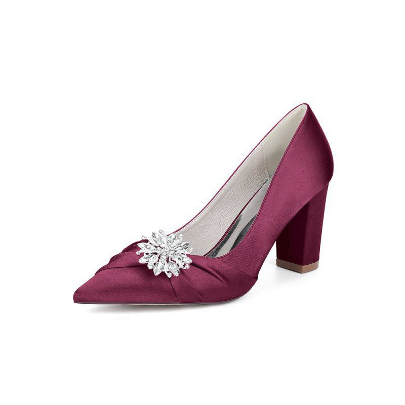 Satin High Heels with a Crystal Flower Accent