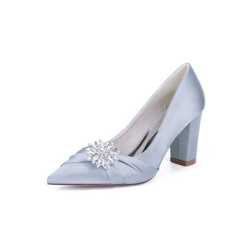 Satin High Heels with a Crystal Flower Accent