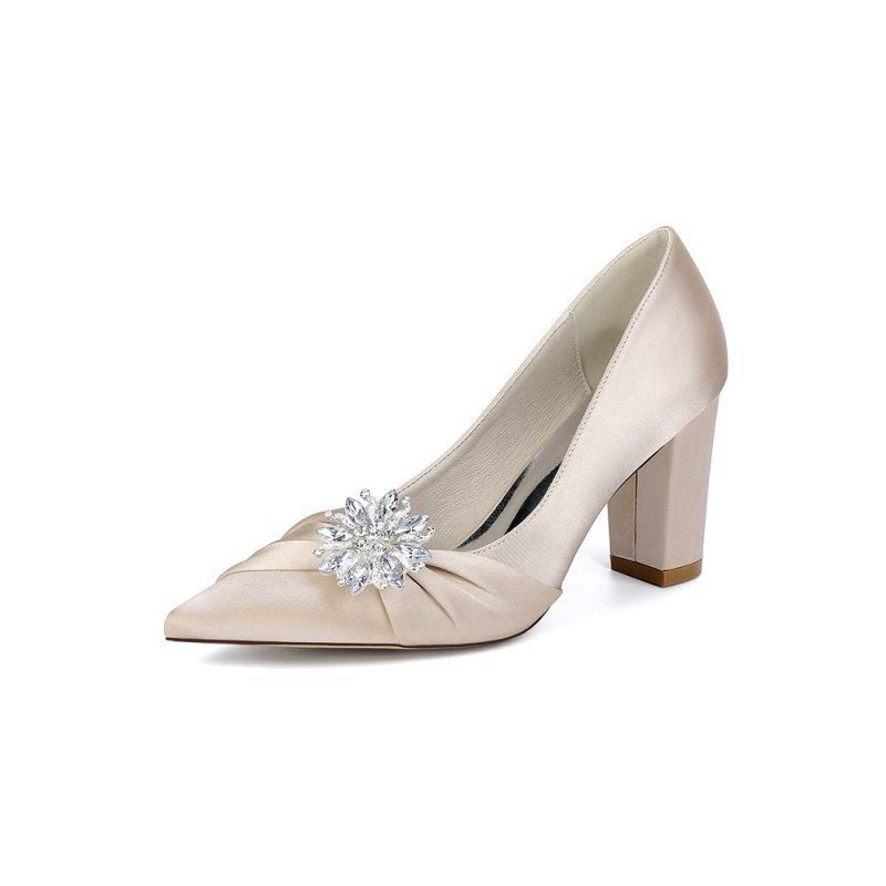 Satin High Heels with a Crystal Flower Accent