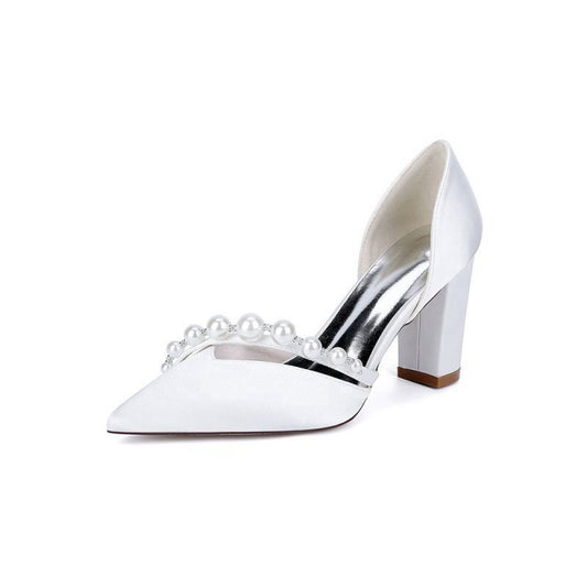 Satin High Heels with Pearl Embellishments