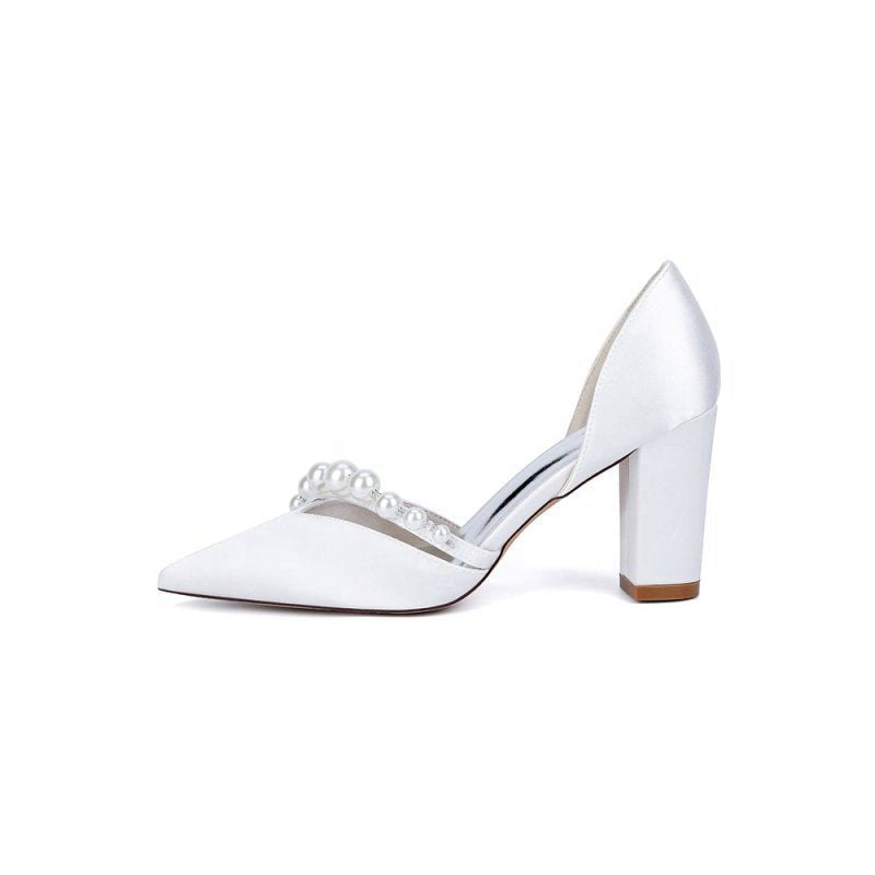 Satin High Heels with Pearl Embellishments