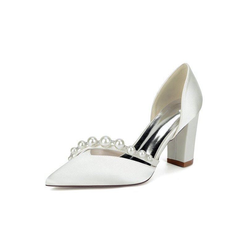 Satin High Heels with Pearl Embellishments