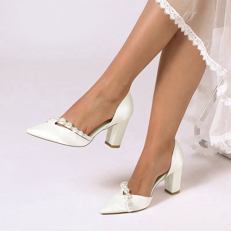 Satin High Heels with Pearl Embellishments