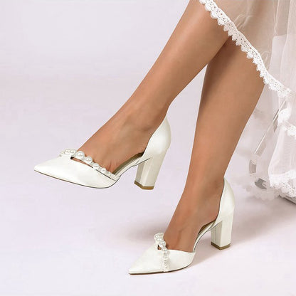 Satin High Heels with Pearl Embellishments