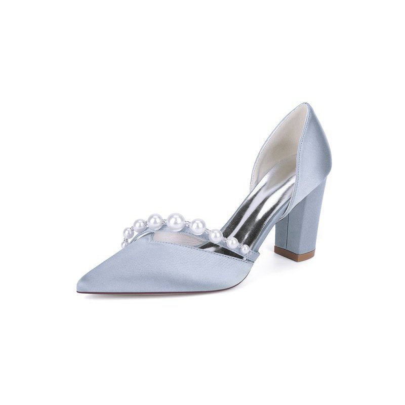 Satin High Heels with Pearl Embellishments