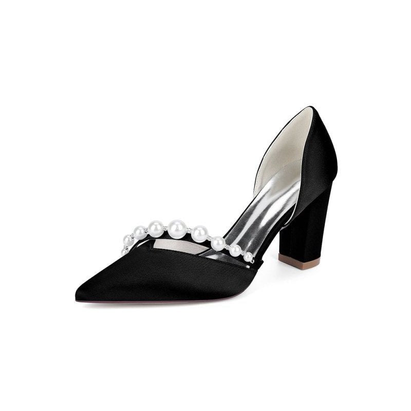 Satin High Heels with Pearl Embellishments