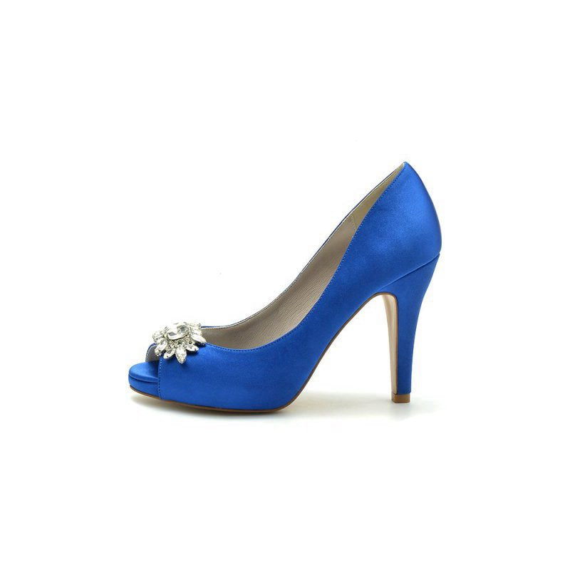 Satin High Heels with Crystal Flower Ornament