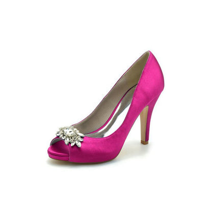 Satin High Heels with Crystal Flower Ornament