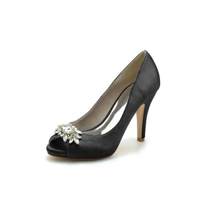 Satin High Heels with Crystal Flower Ornament