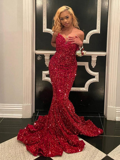 Mermaid Sweetheart Neck Sequins Long Prom Dresses