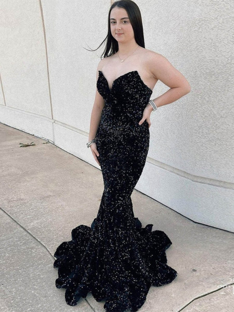Mermaid Sweetheart Neck Sequins Long Prom Dresses