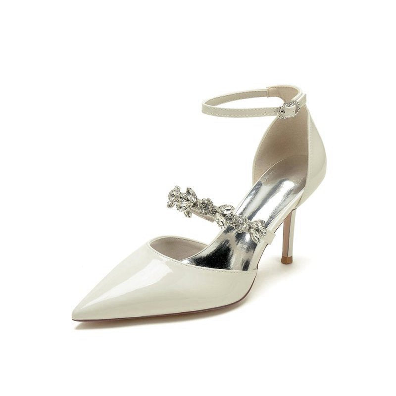 Rhinestone Leather Shoes with Ankle Strap