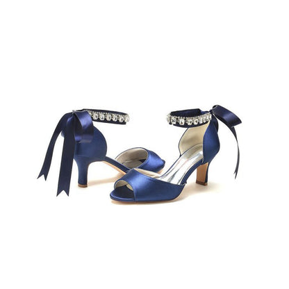 Rhinestone Peep Toe Chunky Heels with Ankle Strap