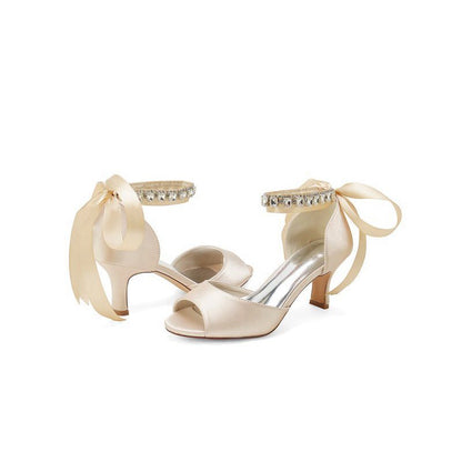 Rhinestone Peep Toe Chunky Heels with Ankle Strap