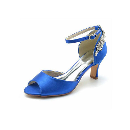 Satin Ankle Strap Rhinestone Chunky Heels