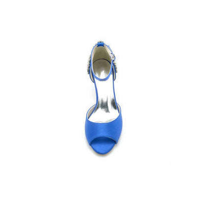 Satin Ankle Strap Rhinestone Chunky Heels