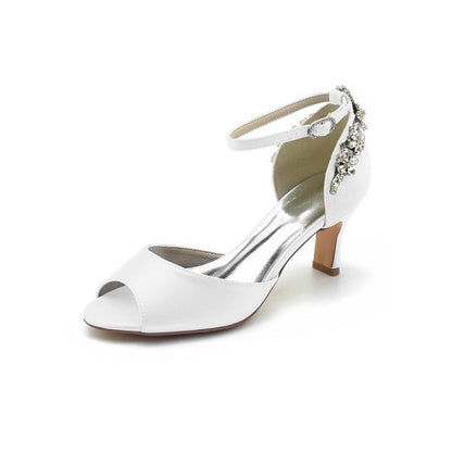 Satin Ankle Strap Rhinestone Chunky Heels