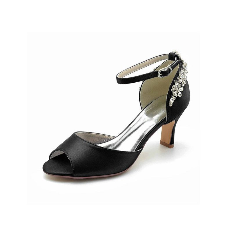 Satin Ankle Strap Rhinestone Chunky Heels