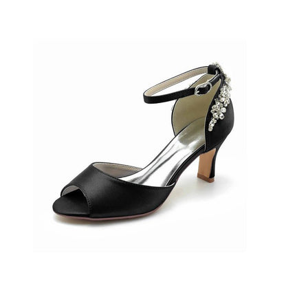 Satin Ankle Strap Rhinestone Chunky Heels