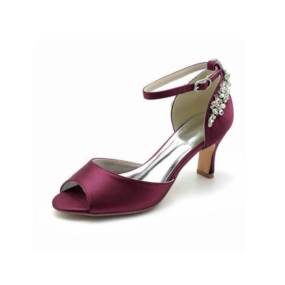 Satin Ankle Strap Rhinestone Chunky Heels