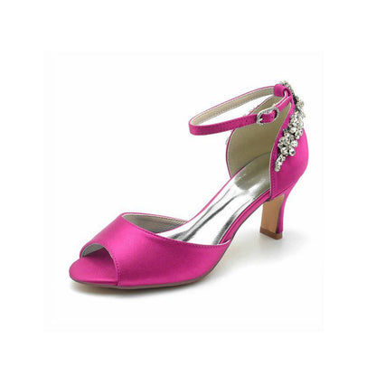 Satin Ankle Strap Rhinestone Chunky Heels