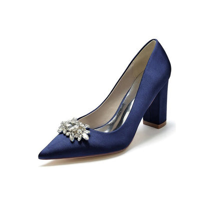 Pointed Toe Chunky Heels with Rhinestone