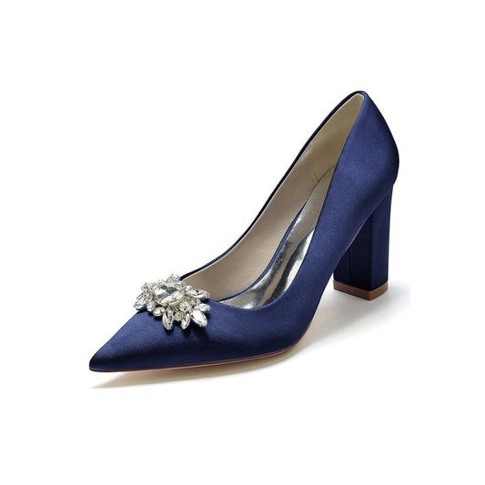 Pointed Toe Chunky Heels with Rhinestone