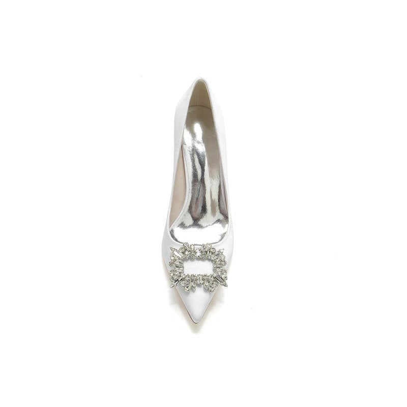 Pointed Toe Block Heels with Rhinestone