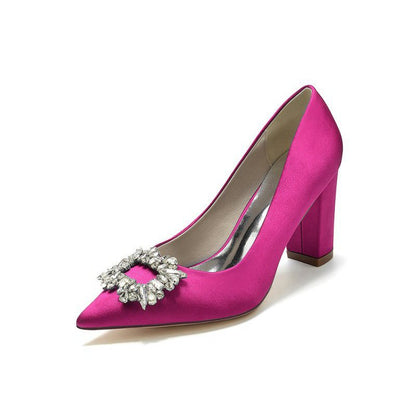 Pointed Toe Block Heels with Rhinestone