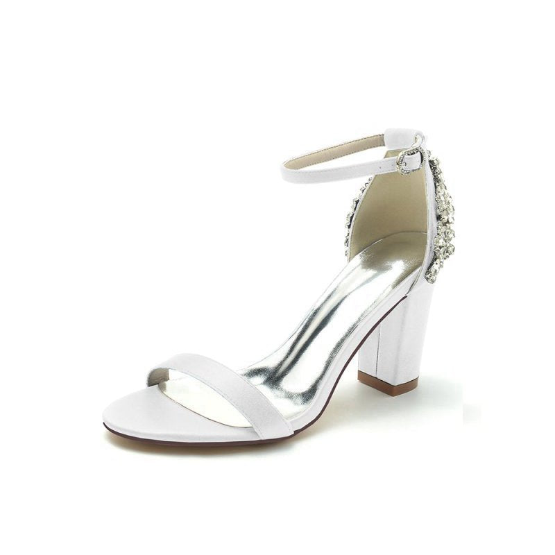 Satin Chunky Heels with Rhinestone