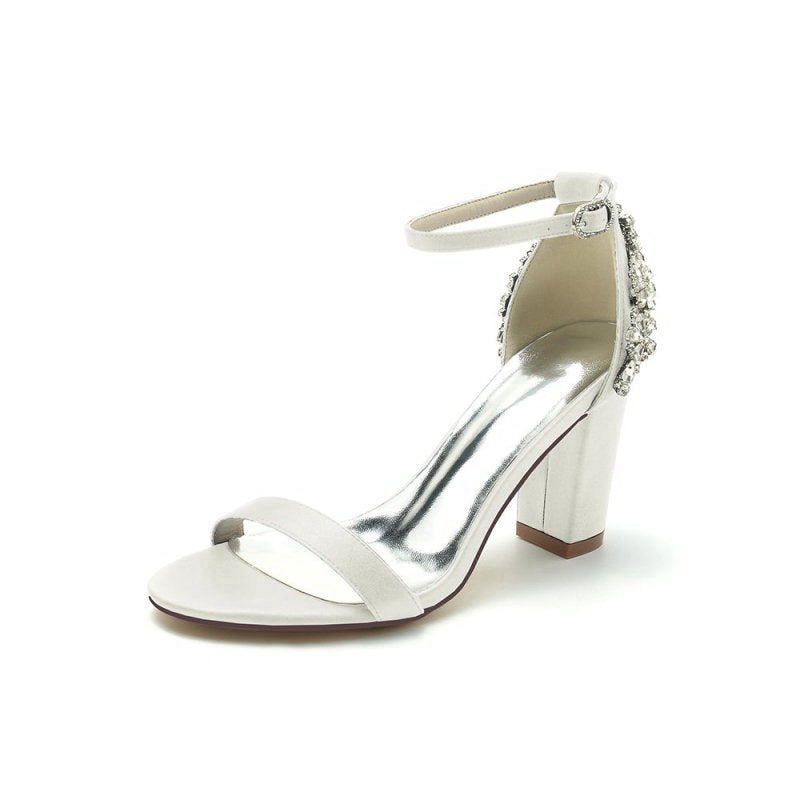 Satin Chunky Heels with Rhinestone