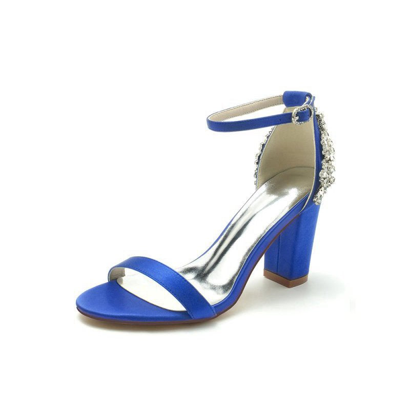 Satin Chunky Heels with Rhinestone