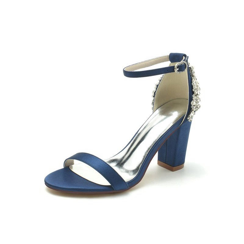 Satin Chunky Heels with Rhinestone