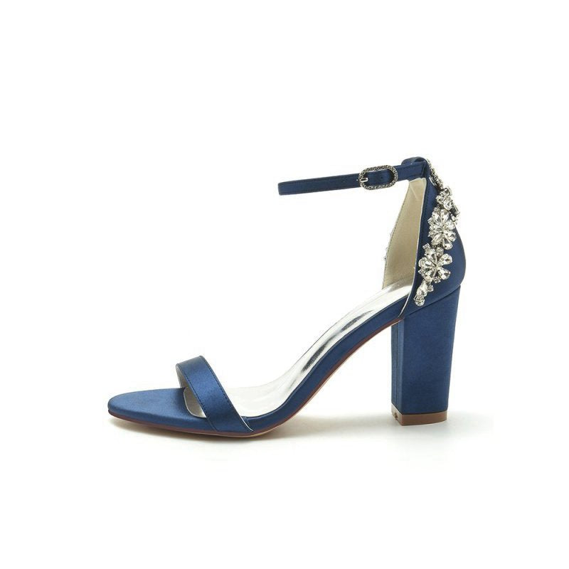 Satin Chunky Heels with Rhinestone
