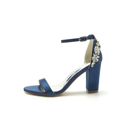 Satin Chunky Heels with Rhinestone